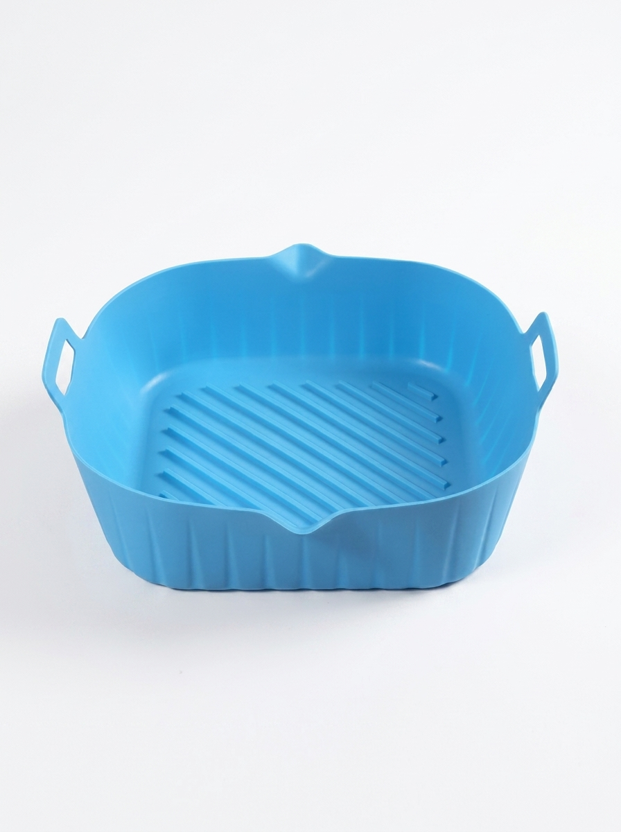Blue plastic basket with handles on a white background