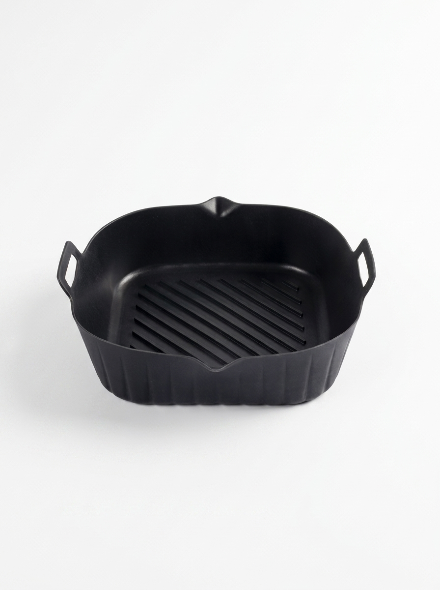 Black rectangular grill pan on a white background