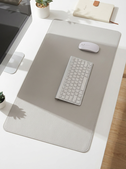 Desk setup with a large desk mat, keyboard, mouse, and office items on a white surface.