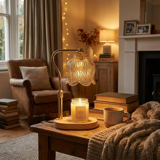 MeltGlow Candle Warmer Lamp in cosy UK living room setting