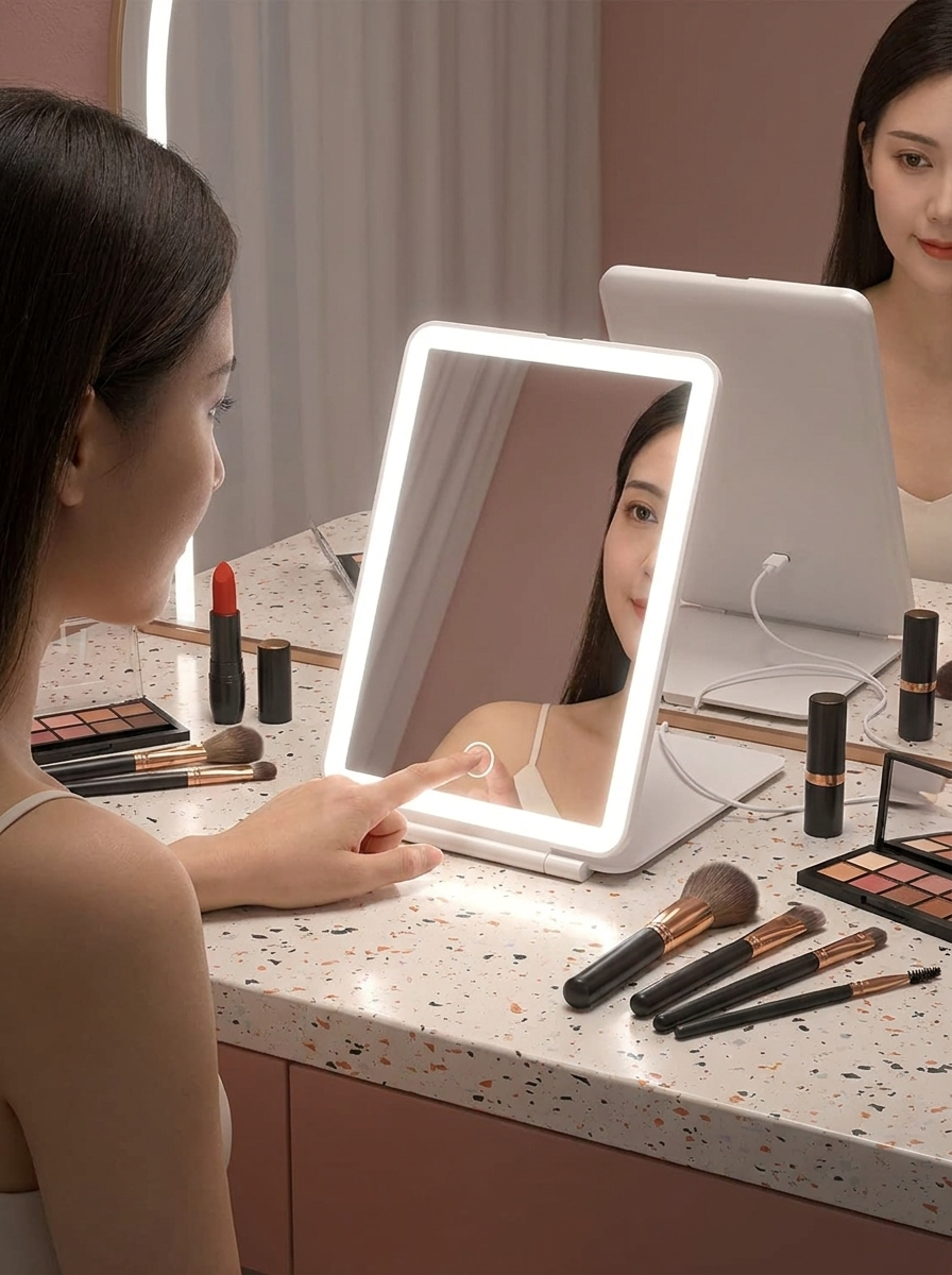 Woman using a makeup mirror with LED lights at a vanity table.