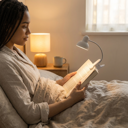 Petty Pet ClipGlow Mini Book Light clipped to a book during evening reading in a UK bedroom