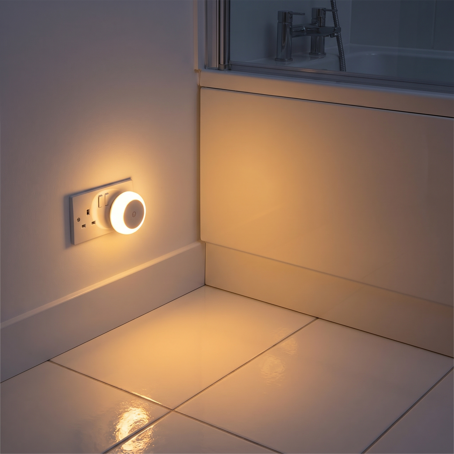 Petty Pet DuskSense automatic amber night light in a UK bathroom at night