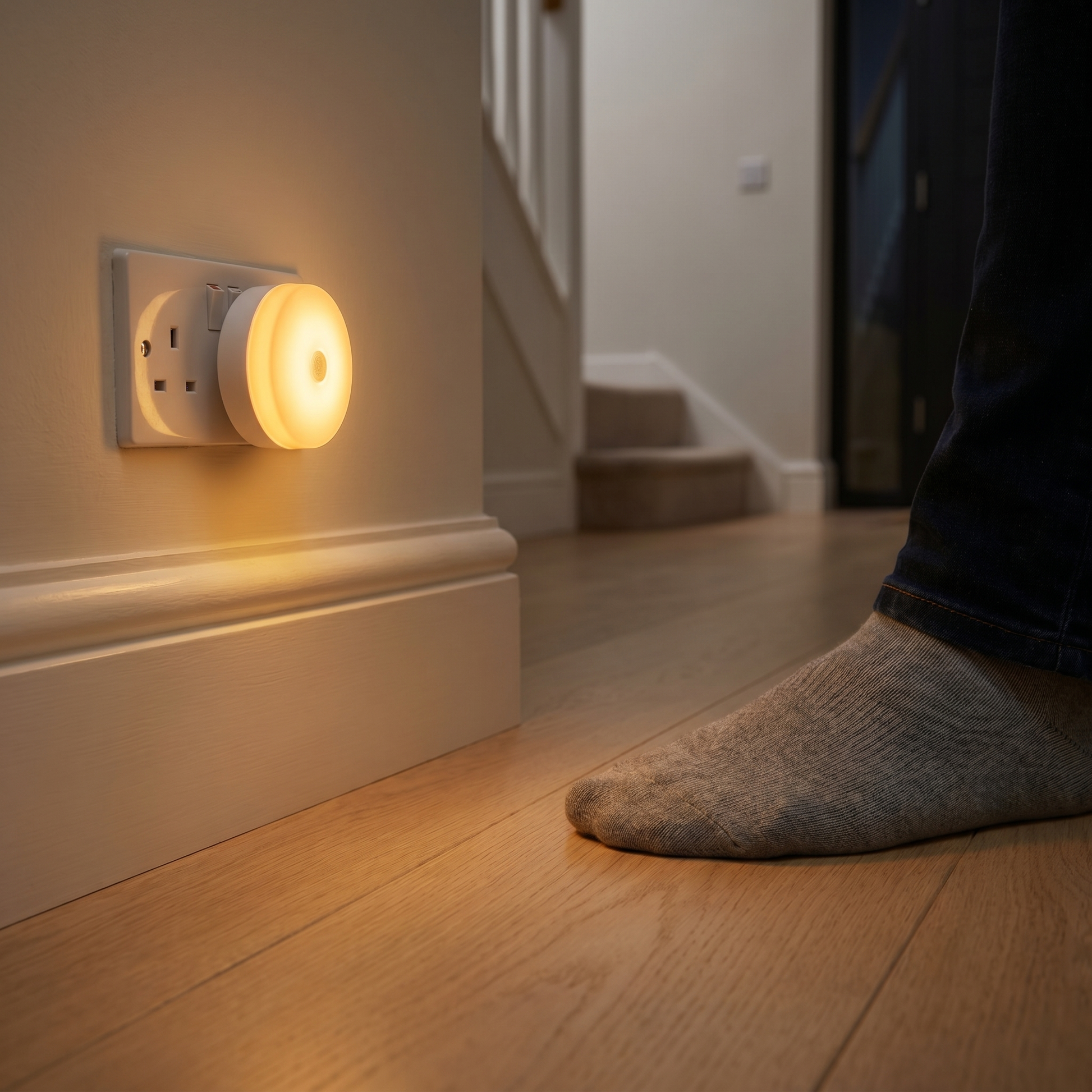 Petty Pet DuskSense Plug-In Night Light glowing soft amber in a UK home hallway at night