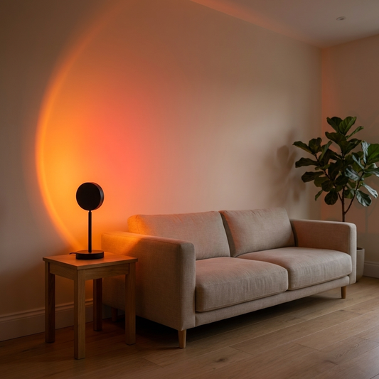 Petty Pet GoldenHour Sunset Lamp Projector casting warm sunset glow on a wall in a modern UK living room