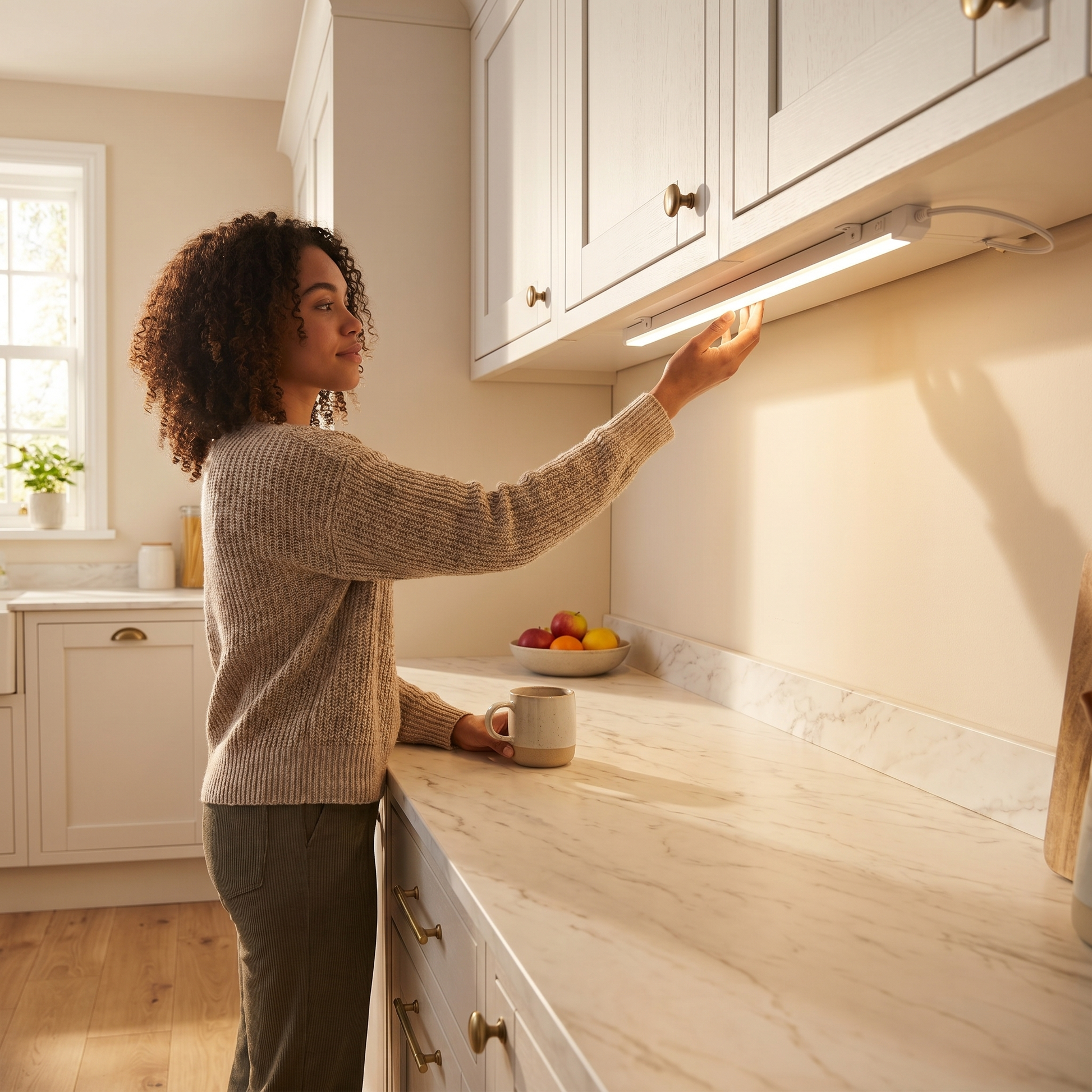 Petty Pet SweepGlow Cabinet Light Bar with hand-wave infrared sensor mounted under cabinet in a modern UK kitchen