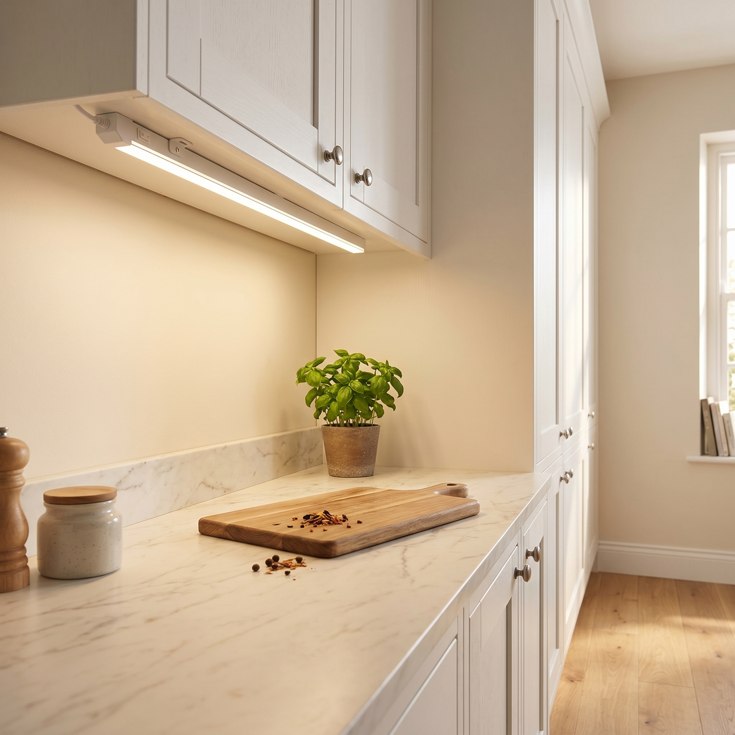 SweepGlow LED Cabinet Light Bar illuminating a UK kitchen countertop with warm white light