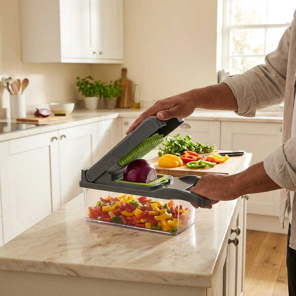 Petty Pet SwiftChop Vegetable Chopper in use slicing fresh vegetables in a UK kitchen