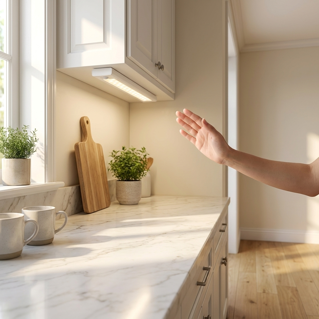 Petty Pet WaveStrip Under Cabinet Light with hand-wave sensor in a UK kitchen