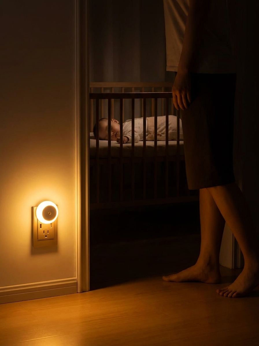 Person standing in a dimly lit room with a baby in a crib, illuminated by a wall-mounted night light.